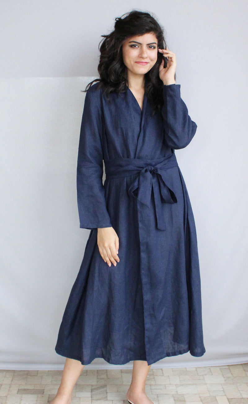 Linen Wrap Dress, Long Sleeve Maxi Robe, Tie Waist Gown, Long Sleeves Shift Dresses Maxi Coat Customized Plus Size Clothing Linen coat