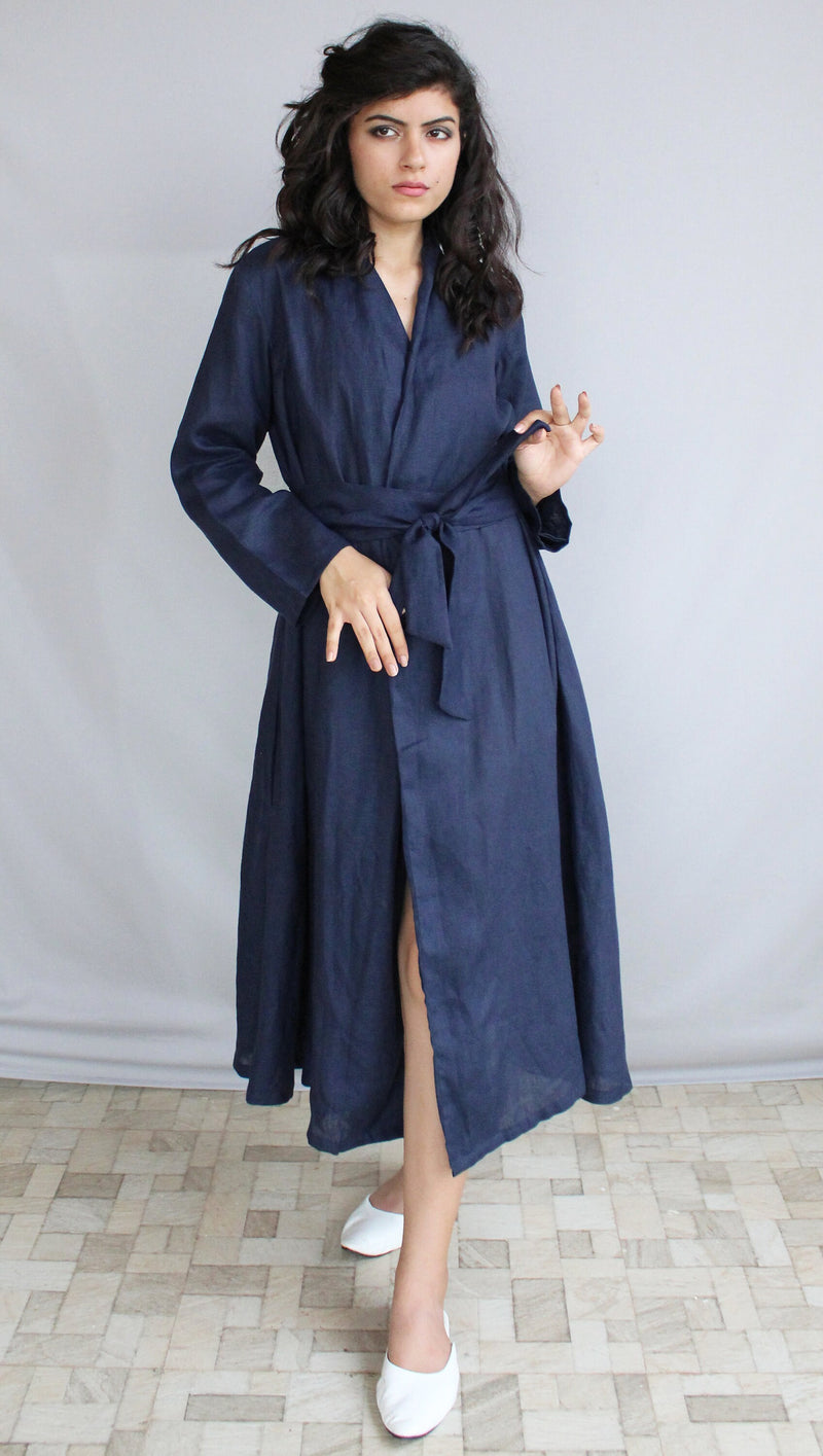 Linen Wrap Dress, Long Sleeve Maxi Robe, Tie Waist Gown, Long Sleeves Shift Dresses Maxi Coat Customized Plus Size Clothing Linen coat