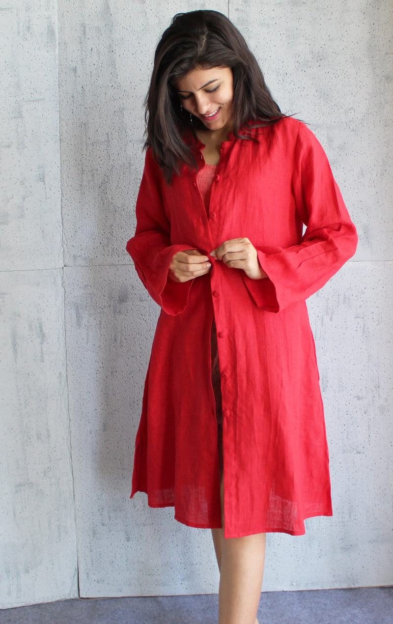 Red Linen Shirt, Long button down Linen shirt, Linen Red kimono, Maternity dress, Long Sleeve Cottagecore Dress, Button Front
