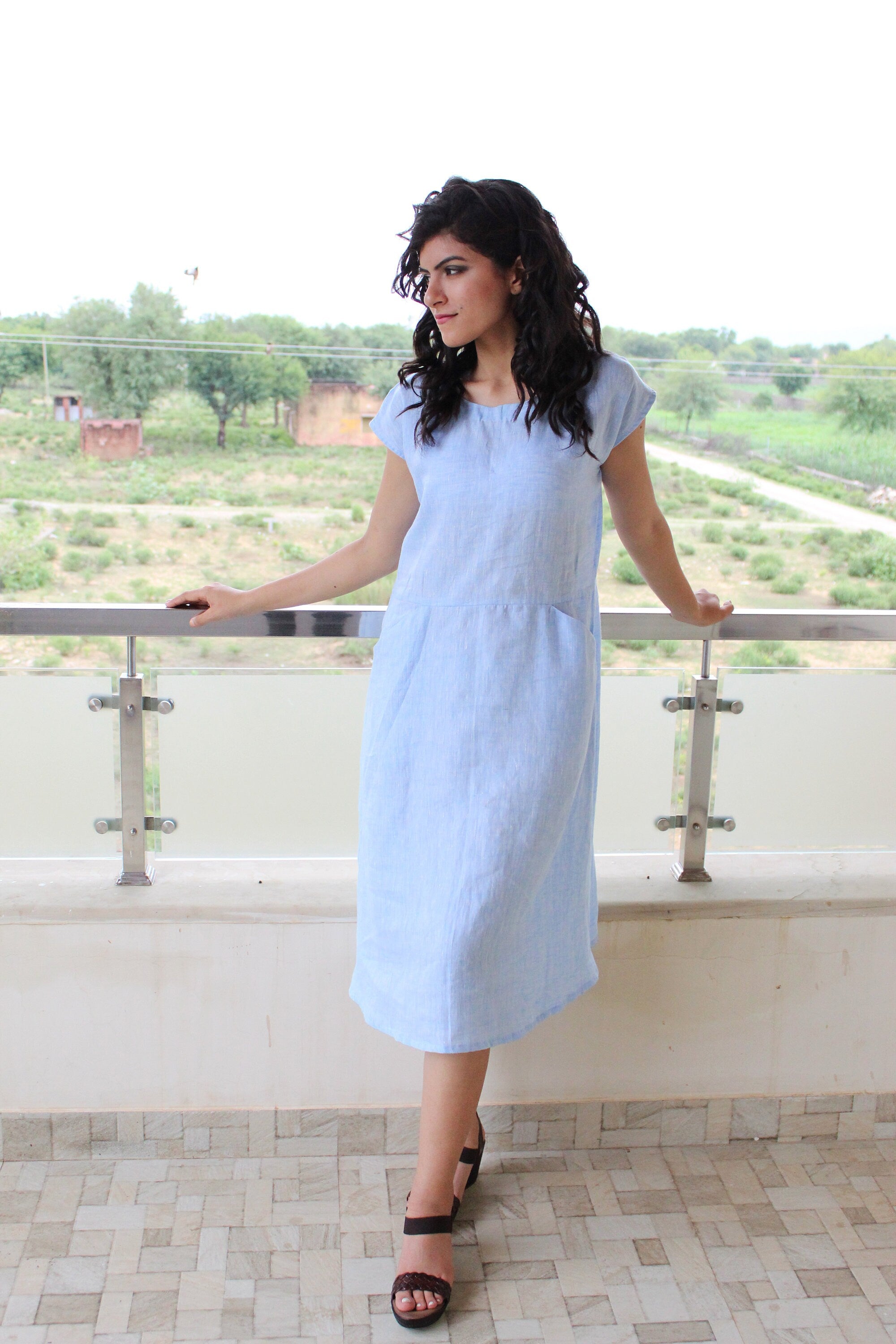 Linen Tunic Dress with Pockets Loose Fit Loungewear Drop Shoulder Dress Knee Length Washed Linen Tunic Pehrodesign