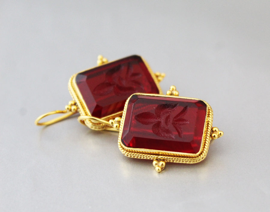 Red Glass Intaglio Earrings, Ancient Greek Style, Victorian Gold, photo 12