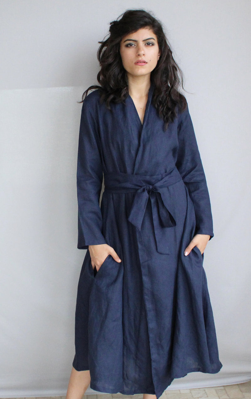 Linen Kimono Wrap Dress, Blue Long Sleeve, Shawl Collar Linen, soft casual dress, waist belt dress, loose dress, maxi dress, plus size dress
