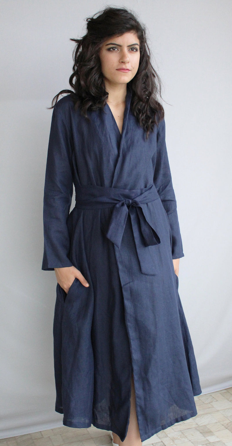 Linen Kimono Wrap Dress, Blue Long Sleeve, Shawl Collar Linen, soft casual dress, waist belt dress, loose dress, maxi dress, plus size dress