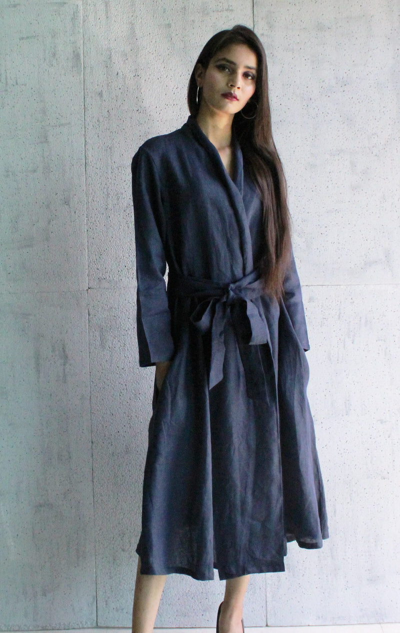 Linen Kimono Wrap Dress, Blue Long Sleeve, Shawl Collar Linen, soft casual dress, waist belt dress, loose dress, maxi dress, plus size dress