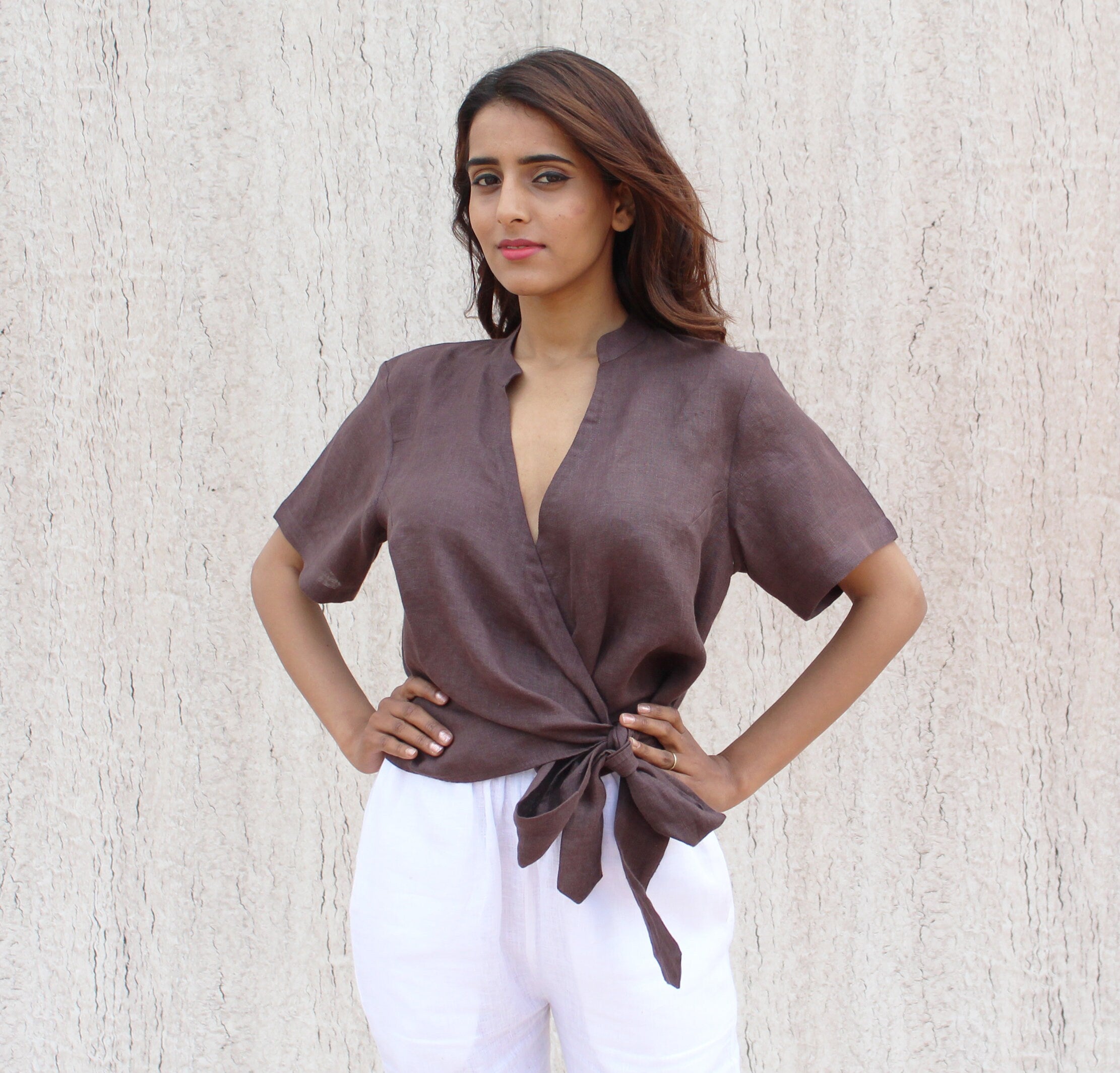 Brown Linen Tie-Front Crop Top: Short Sleeve Boho Blouse