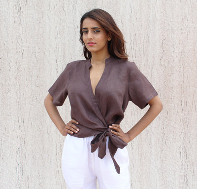 Brown Linen Tie-Front Crop Top, photo 2