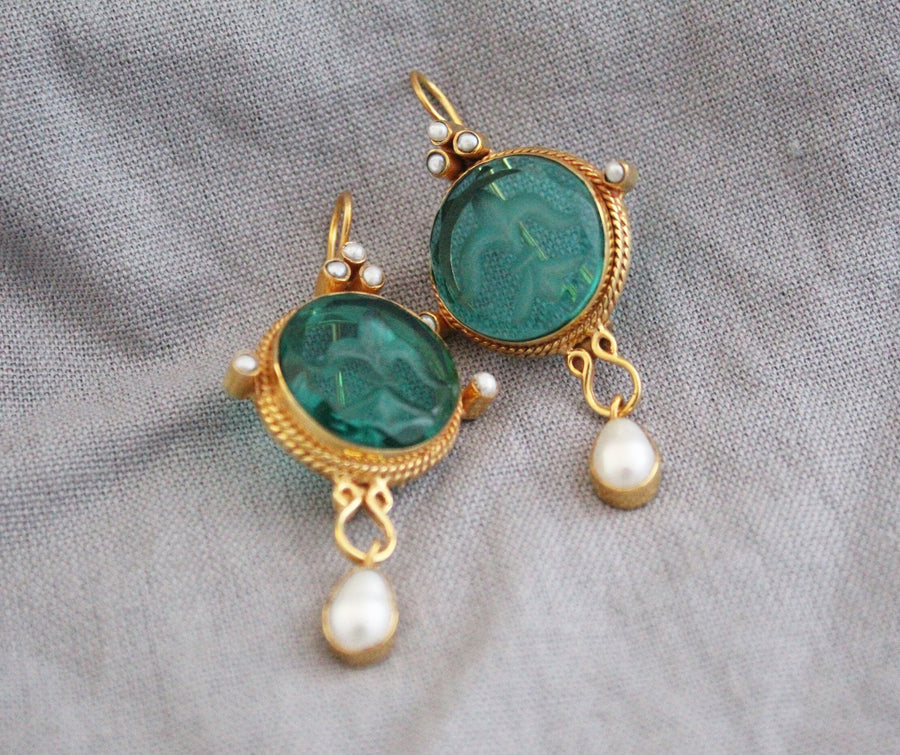Green Intaglio Statement Earrings, Bridal Gold, photo 8