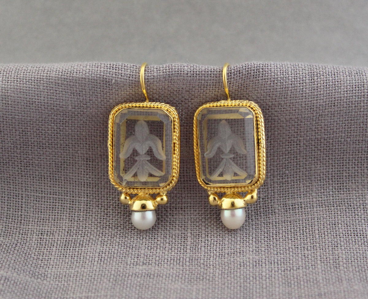 Clear Crystal Intaglio Earrings, Natural Pearl, Greek Roman Style, photo 2