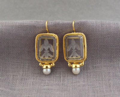 Clear Crystal Intaglio Earrings, Natural Pearl, Greek Roman Style, photo 2