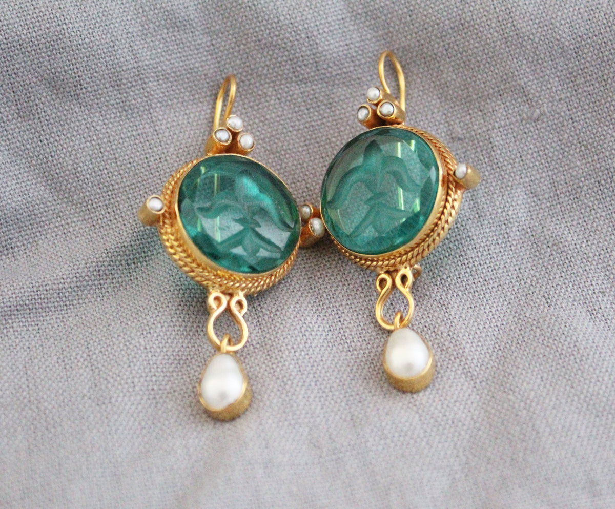 Green Intaglio Statement Earrings, Bridal Gold, photo 10