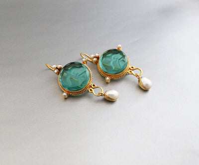 Green Intaglio Statement Earrings, Bridal Gold, photo 7