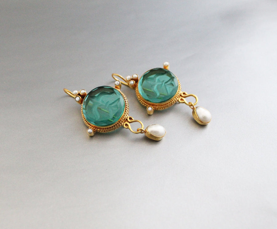Green Intaglio Statement Earrings, Bridal Gold, photo 7
