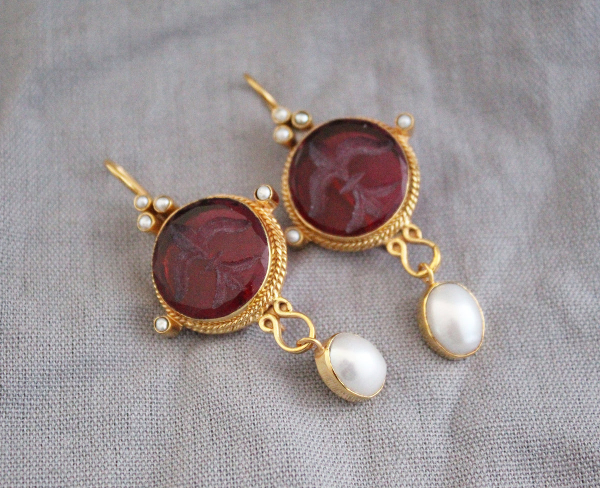 Red Intaglio Crystal Earrings, Vintage Style, 18K Gold Filled, photo 9