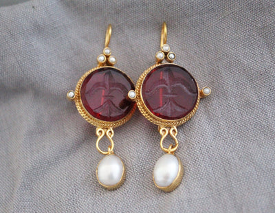 Red Intaglio Crystal Earrings, Vintage Style, 18K Gold Filled, photo 7