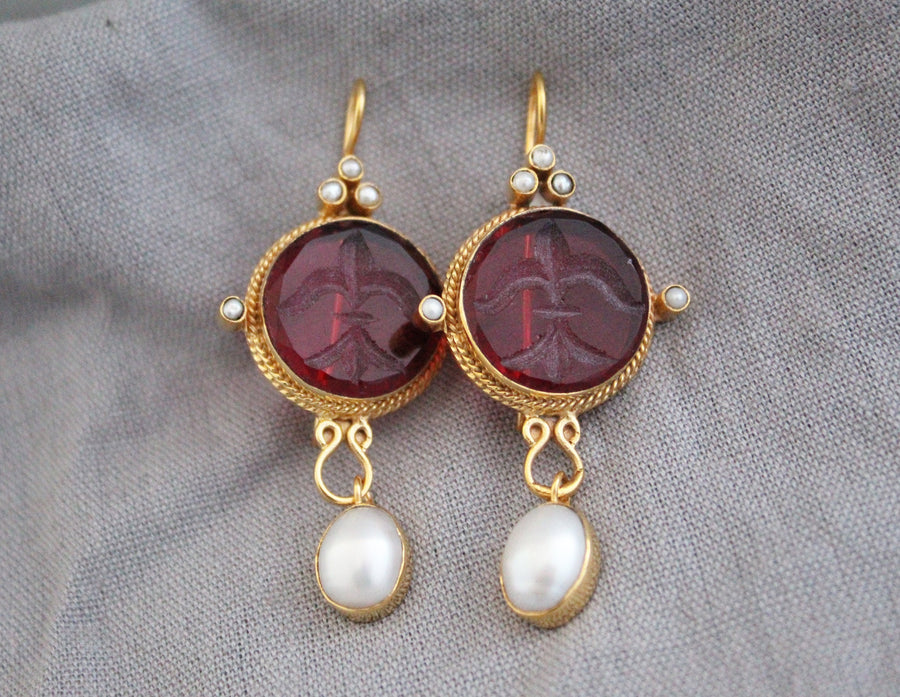 Red Intaglio Crystal Earrings, Vintage Style, 18K Gold Filled, photo 7