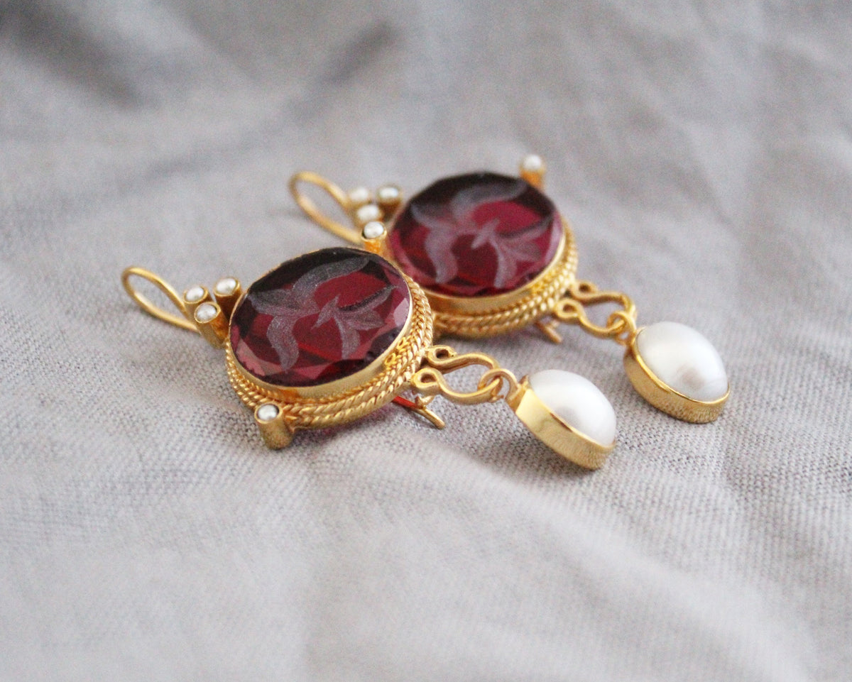 Red Intaglio Crystal Earrings, Vintage Style, 18K Gold Filled, photo 10