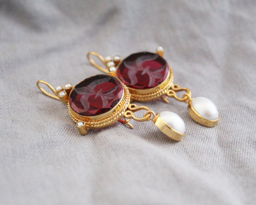 Red Intaglio Crystal Earrings, Vintage Style, 18K Gold Filled, photo 10