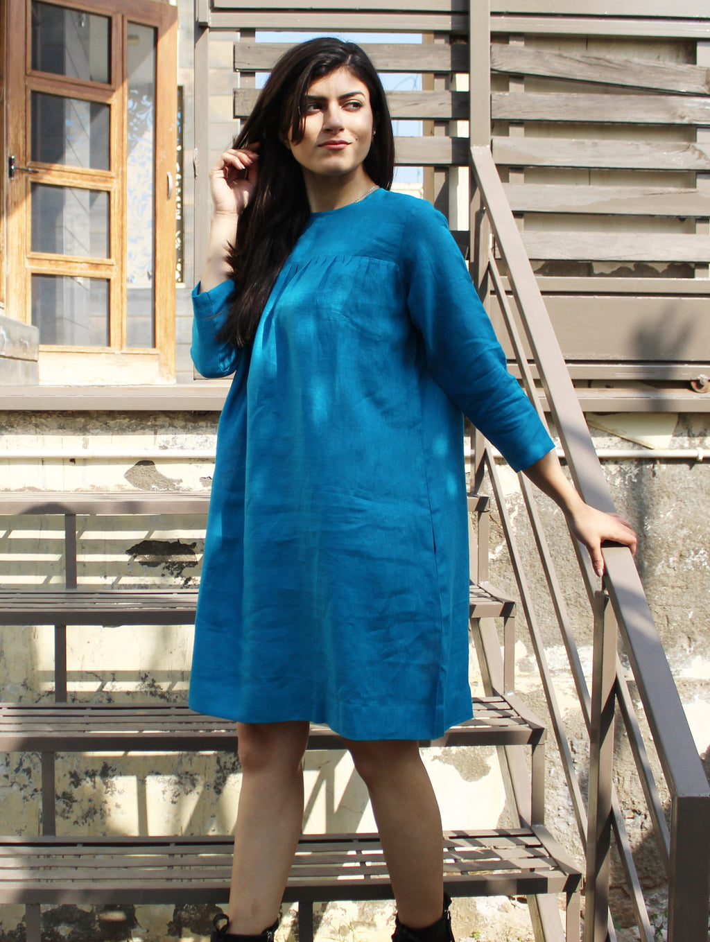 Turquoise Linen Tunic Dress, Long Sleeve Loose Fit, Natural Fabric, custom linen dress, easy linen dress, soft linen dresses