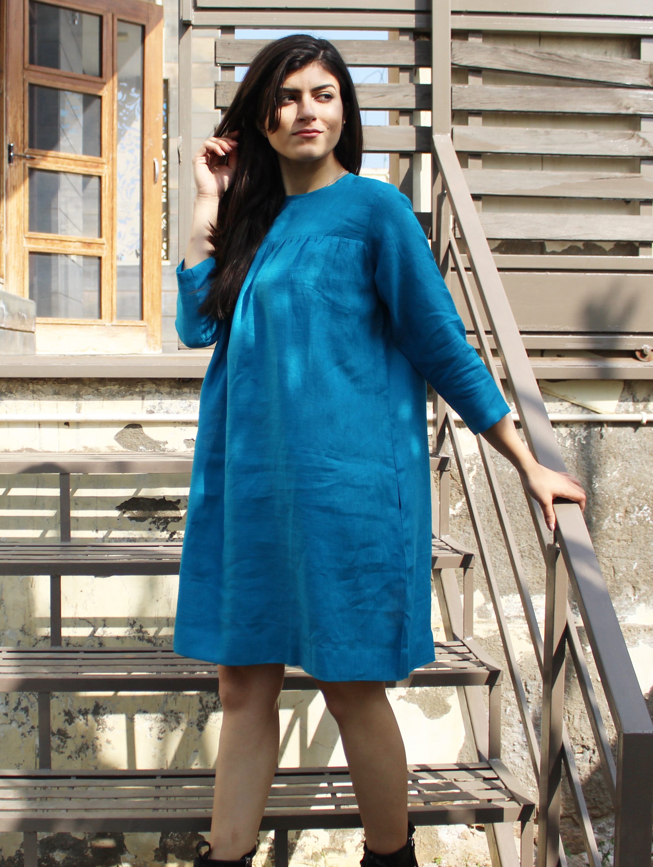 Turquoise Linen Tunic Dress, Long Sleeve Loose Fit, Natural Fabric, custom linen dress, easy linen dress, soft linen dresses