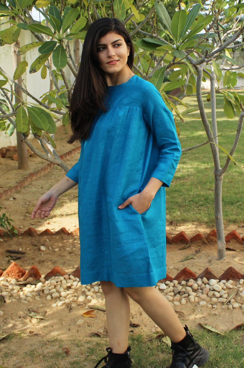 Turquoise Linen Tunic Dress, Long Sleeve, photo 4