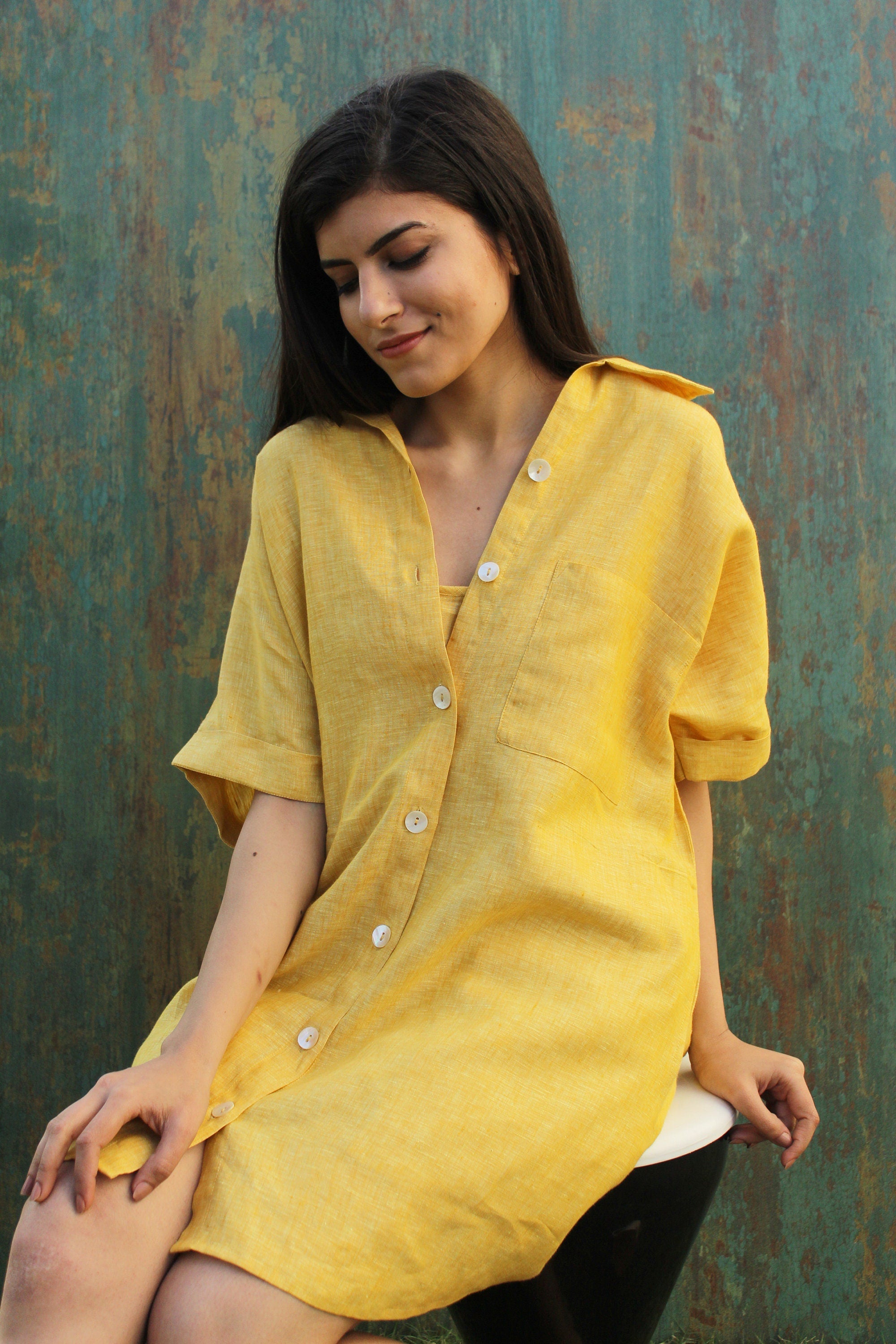 Yellow Linen Shirt Dress: Short Sleeve Button-Up, Linen shirts for women, linen tunic tops, Oversized Loose Linen Shirt, plus size clothing