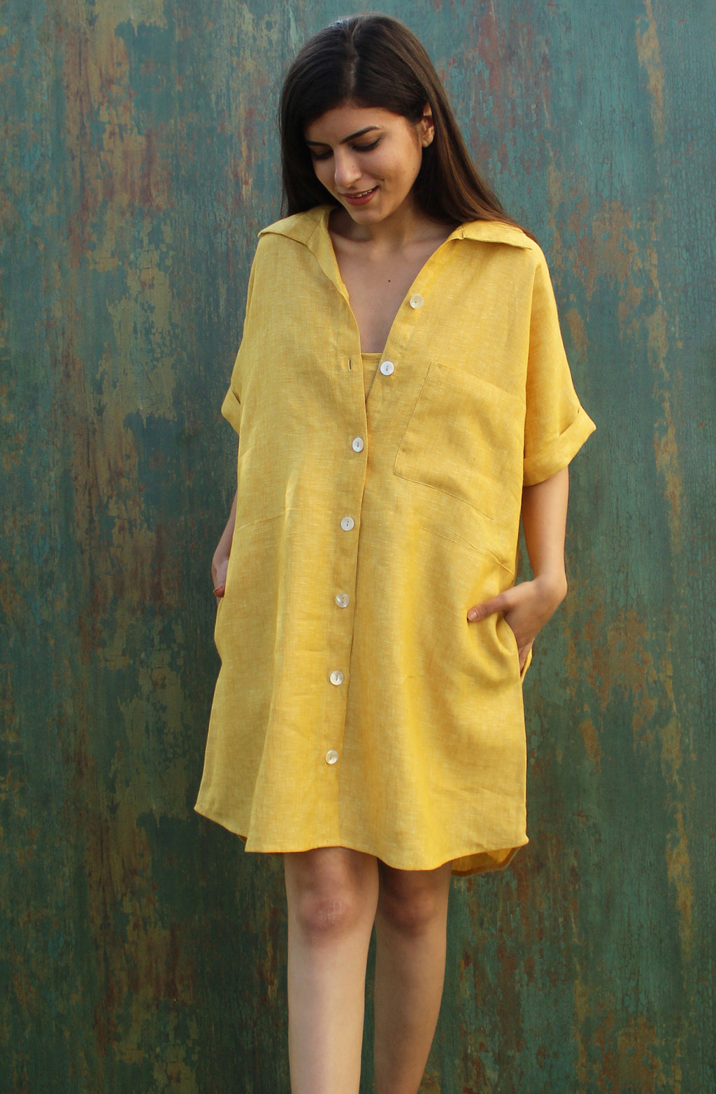 Yellow Linen Shirt Dress: Short Sleeve Button-Up, Linen shirts for women, linen tunic tops, Oversized Loose Linen Shirt, plus size clothing