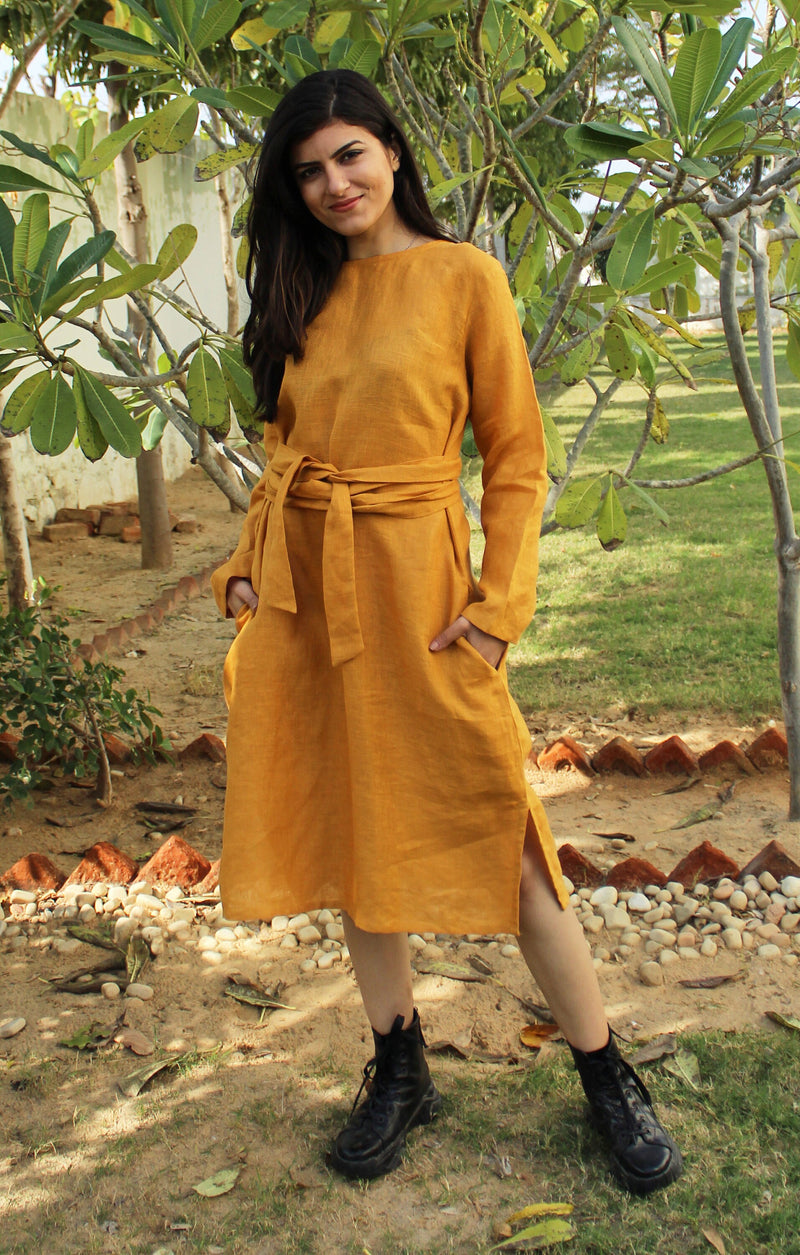 Long Sleeve Linen Midi Dress with Belt, Plus Size Kimono Style, Loungewear with Pockets, Linendresses, Belted Linen Dress