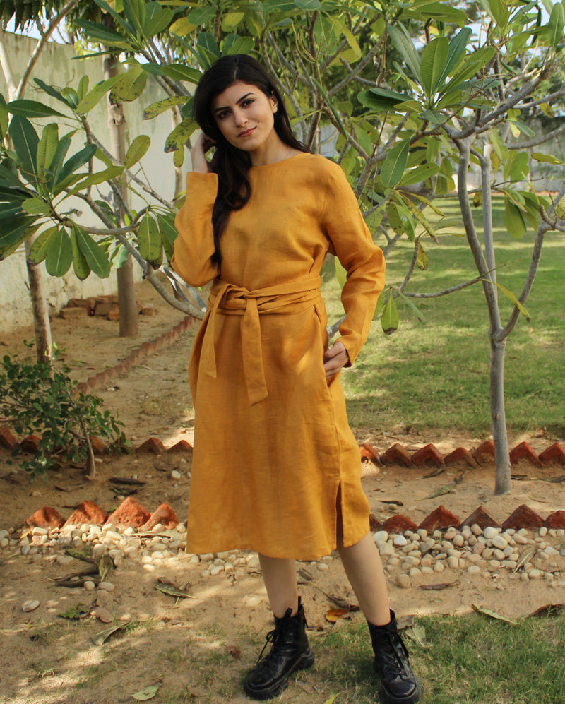 Long Sleeve Linen Midi Dress with Belt, Plus Size Kimono Style, Loungewear with Pockets, Linendresses, Belted Linen Dress