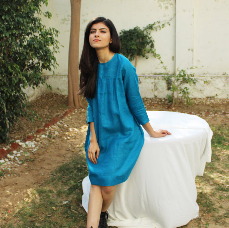 Turquoise Linen Tunic Dress, Long Sleeve, photo 3