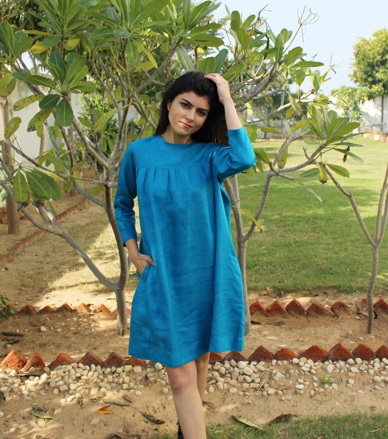Turquoise Linen Tunic Dress, Long Sleeve, photo 2