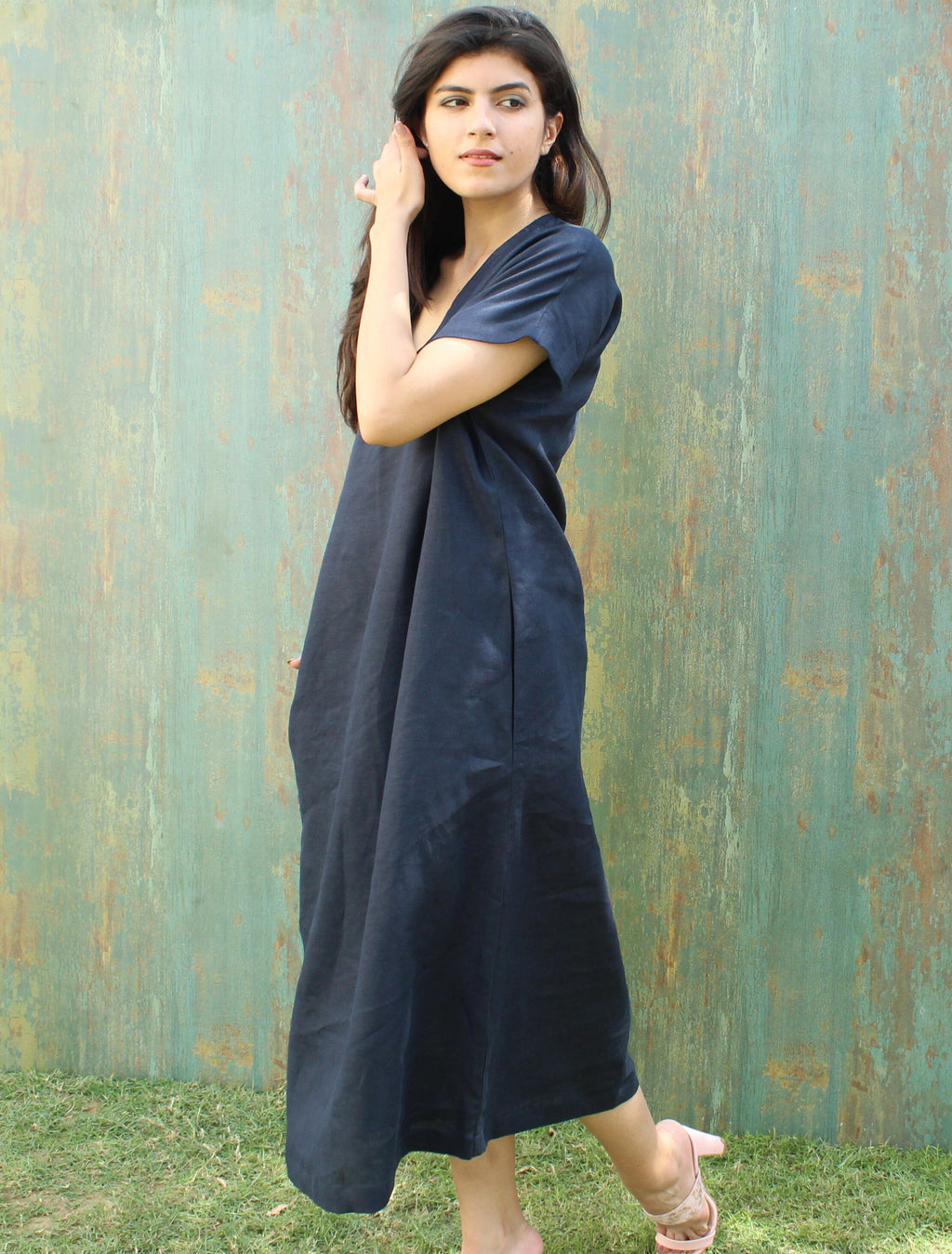 Blue Linen Maxi Dress with Pockets - Relaxed Fit Summer Dress