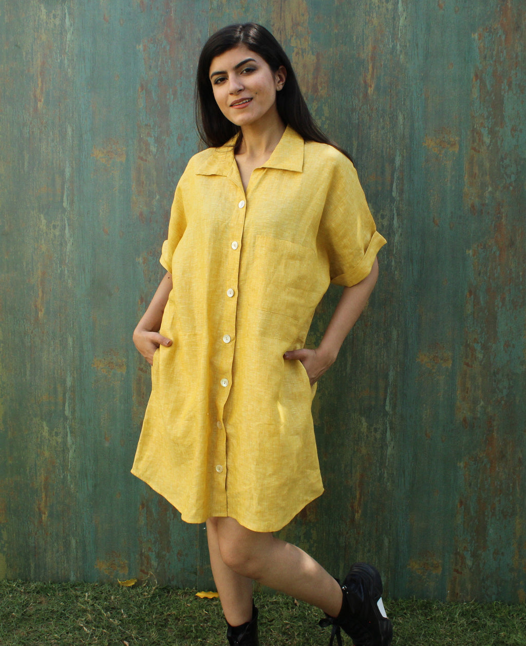 Yellow Linen Shirt Dress: Short Sleeve Button-Up, Linen shirts for women, linen tunic tops, Oversized Loose Linen Shirt, plus size clothing