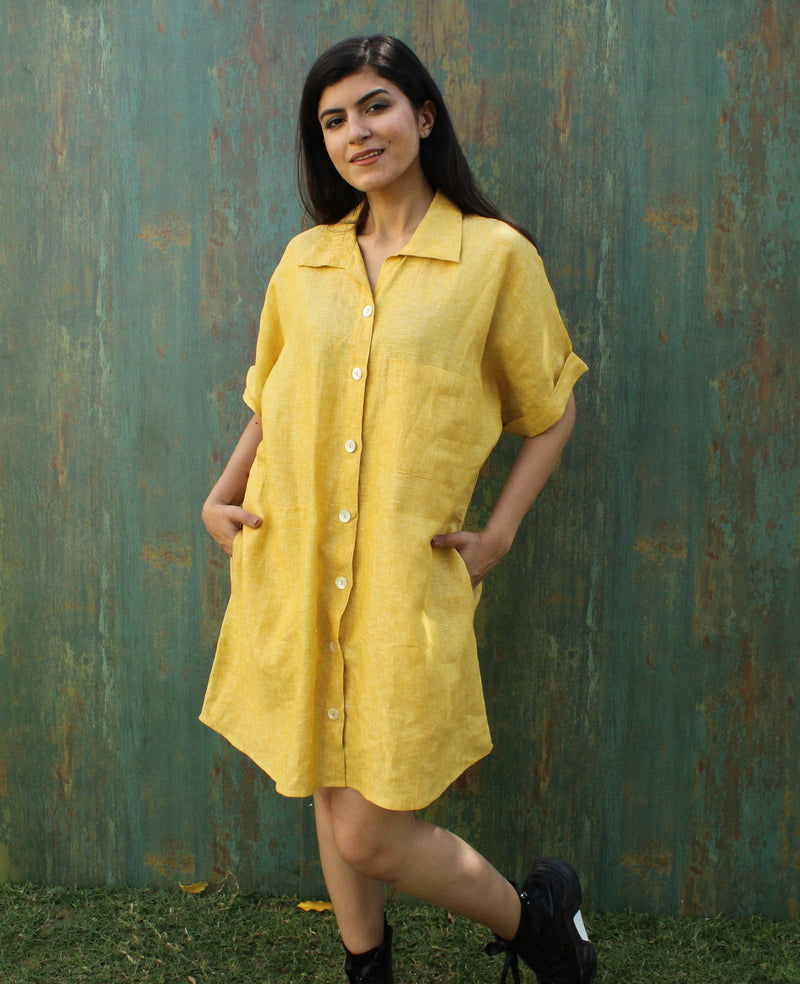 Yellow Linen Shirt Dress, Short Sleeve, photo 3
