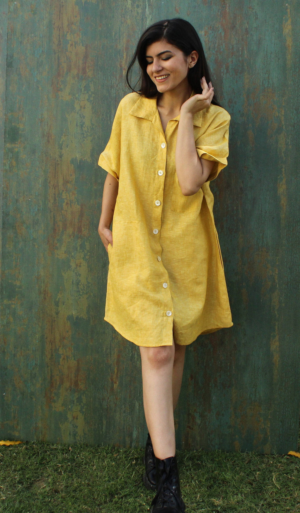 Yellow Linen Shirt Dress: Short Sleeve Button-Up, Linen shirts for women, linen tunic tops, Oversized Loose Linen Shirt, plus size clothing