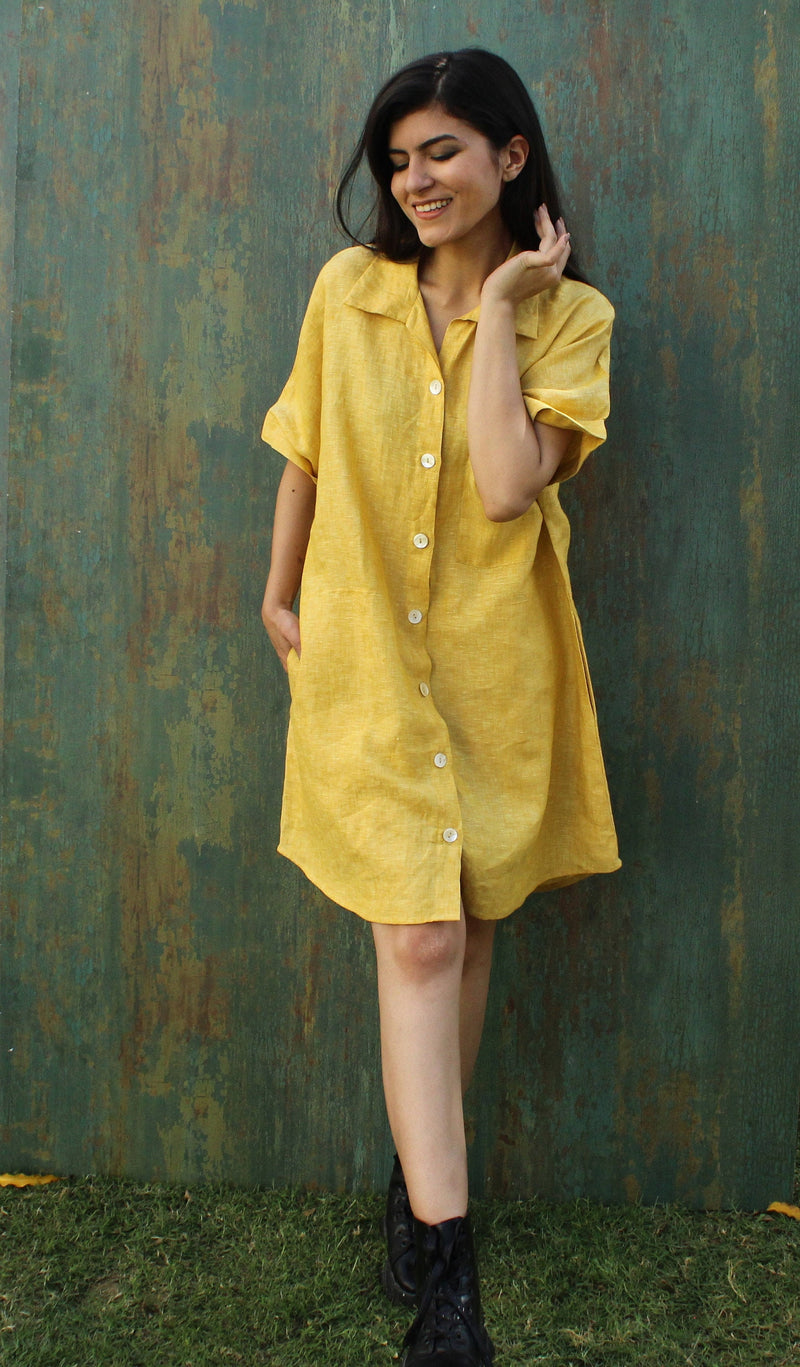 Yellow Linen Shirt Dress, Short Sleeve, photo 2