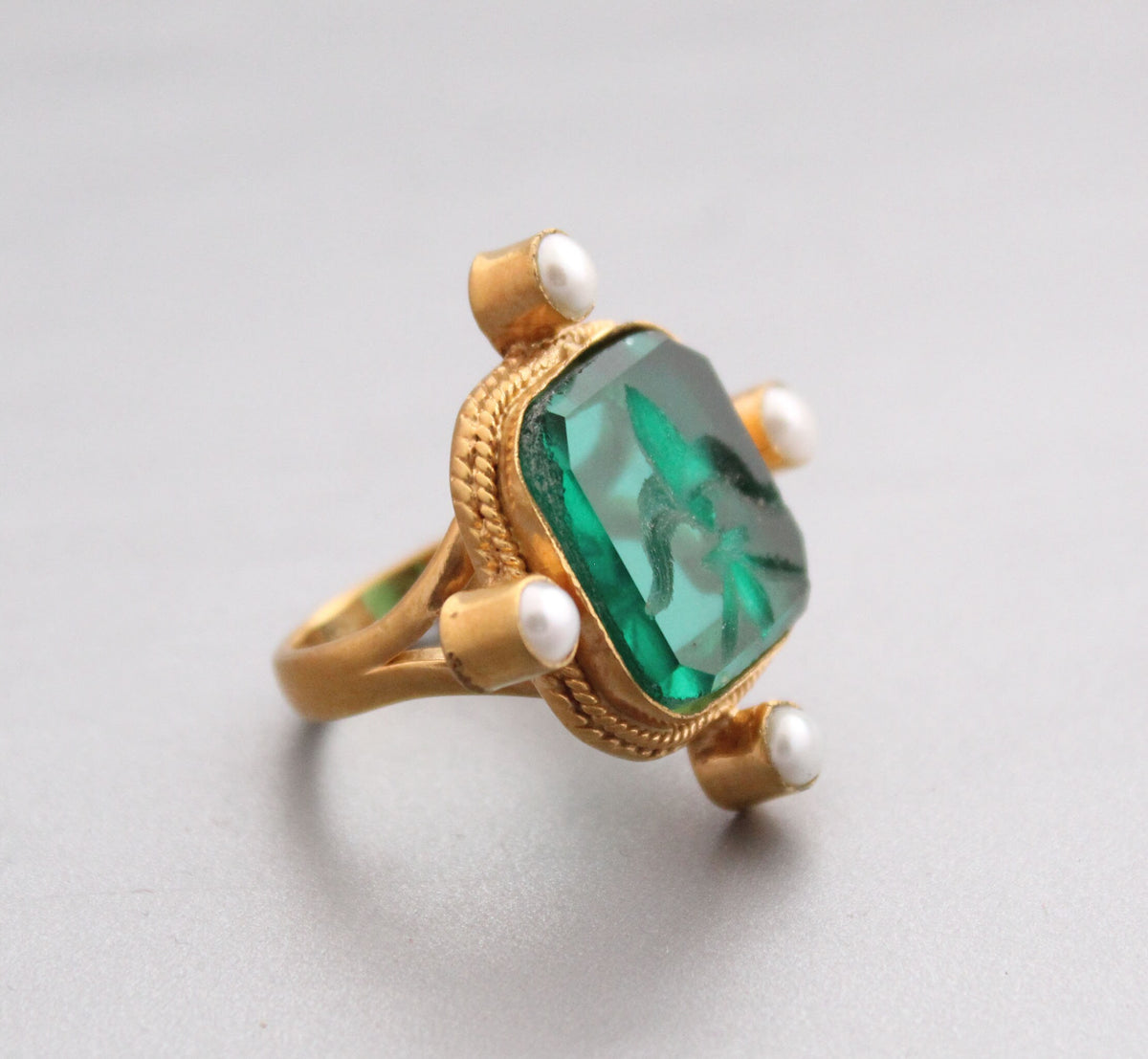 Green Intaglio Cocktail Ring, Roman Style, Gold Vermeil with Pearls, photo 4