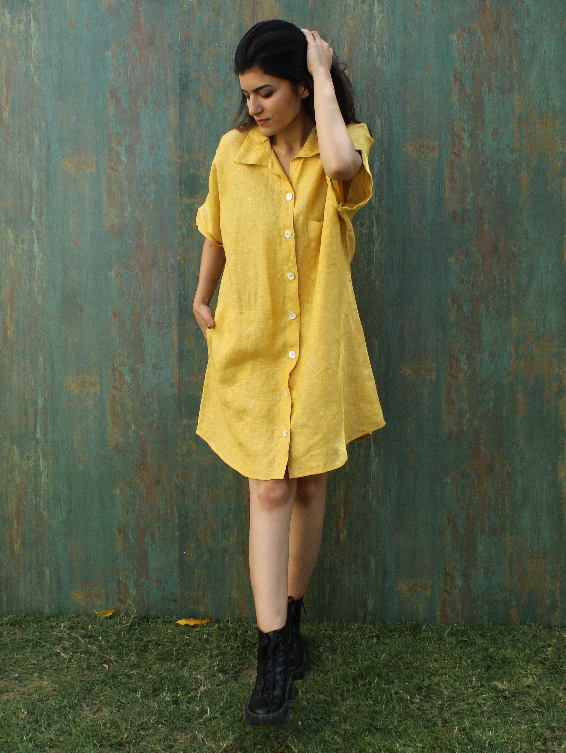Yellow Linen Shirt Dress: Short Sleeve Button-Up, Linen shirts for women, linen tunic tops, Oversized Loose Linen Shirt, plus size clothing