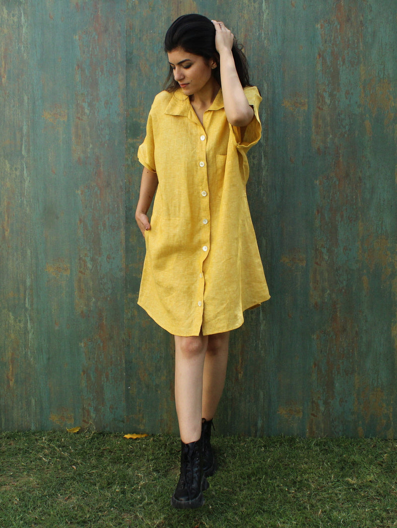 Yellow Linen Shirt Dress, Short Sleeve