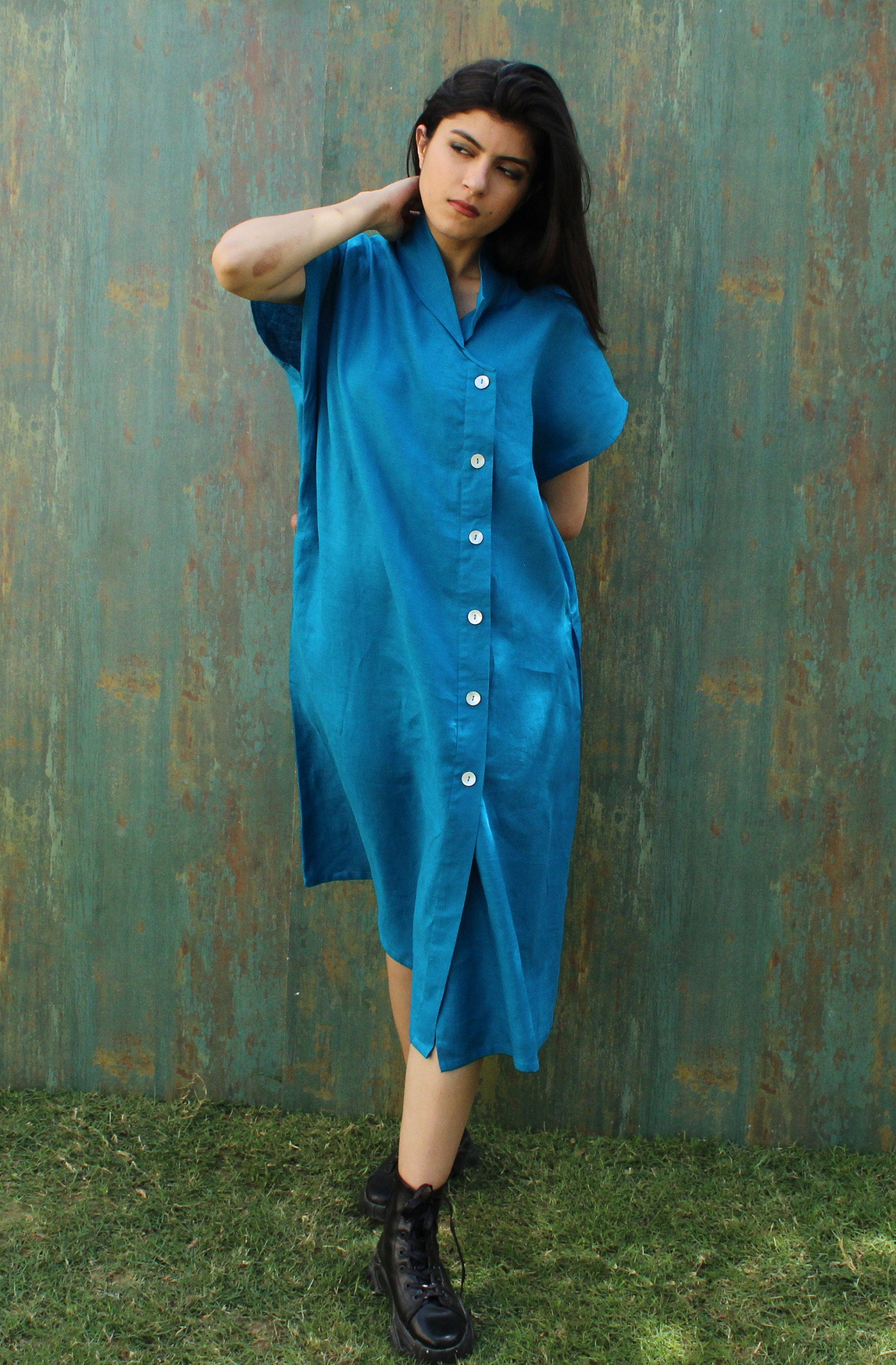 Blue Linen Shirt Dress with Pockets, Drop Sleeve Linen Dress, Collared Dress, Party Dress, Side Button Down Minimalist Summer Clothing