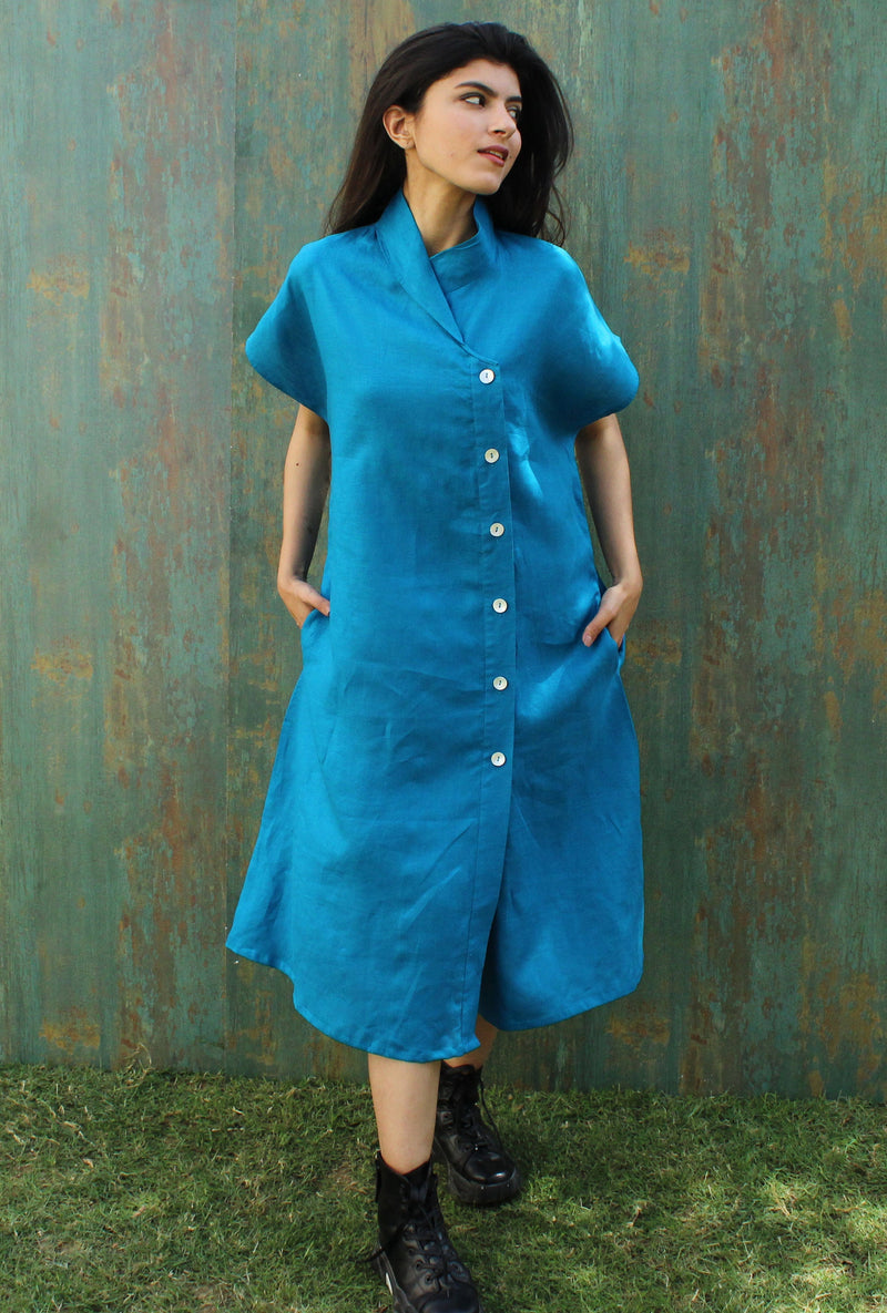 Blue Linen Shirt Dress with Pockets, photo 3