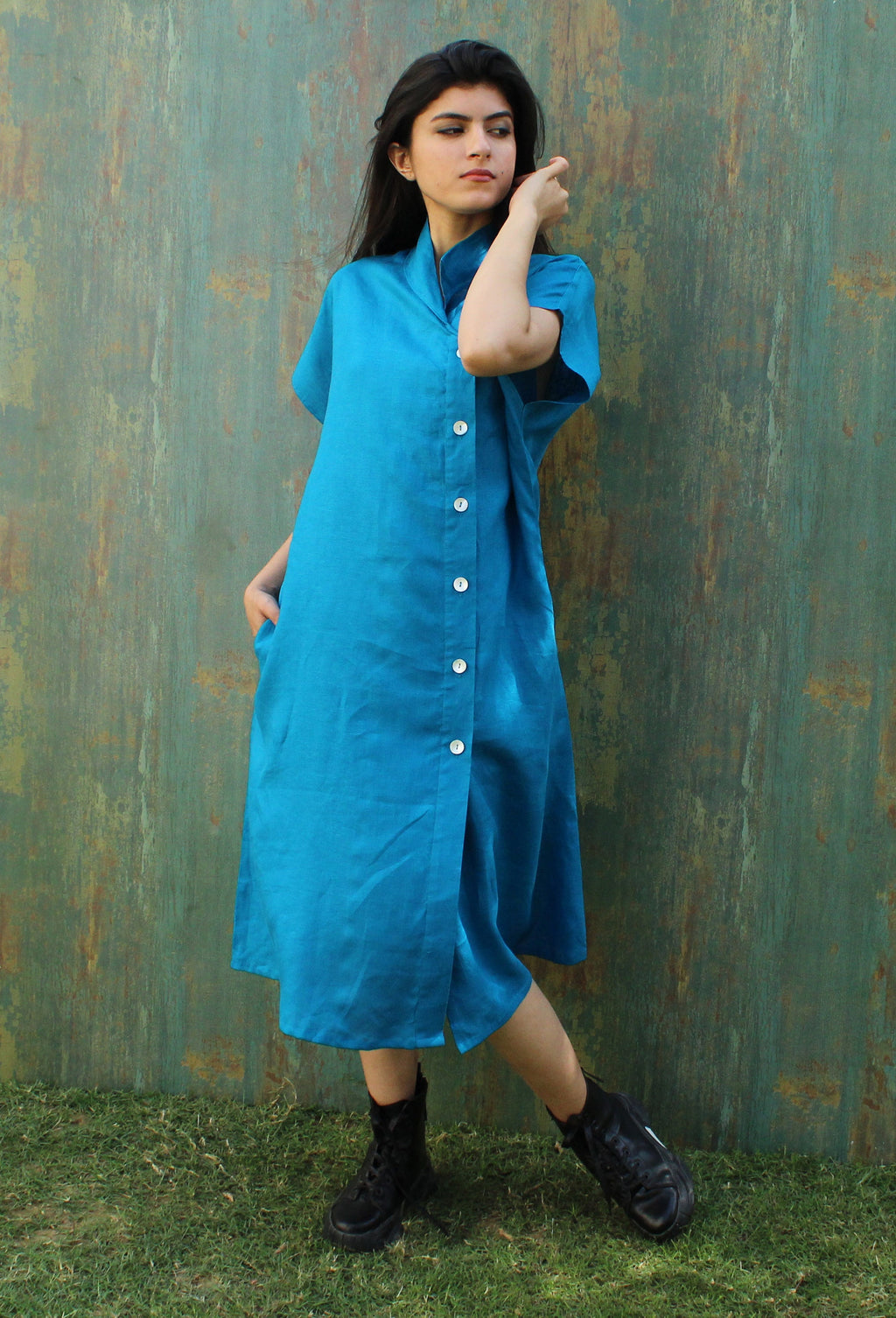 Blue Linen Shirt Dress with Pockets, Drop Sleeve Linen Dress, Collared Dress, Party Dress, Side Button Down Minimalist Summer Clothing