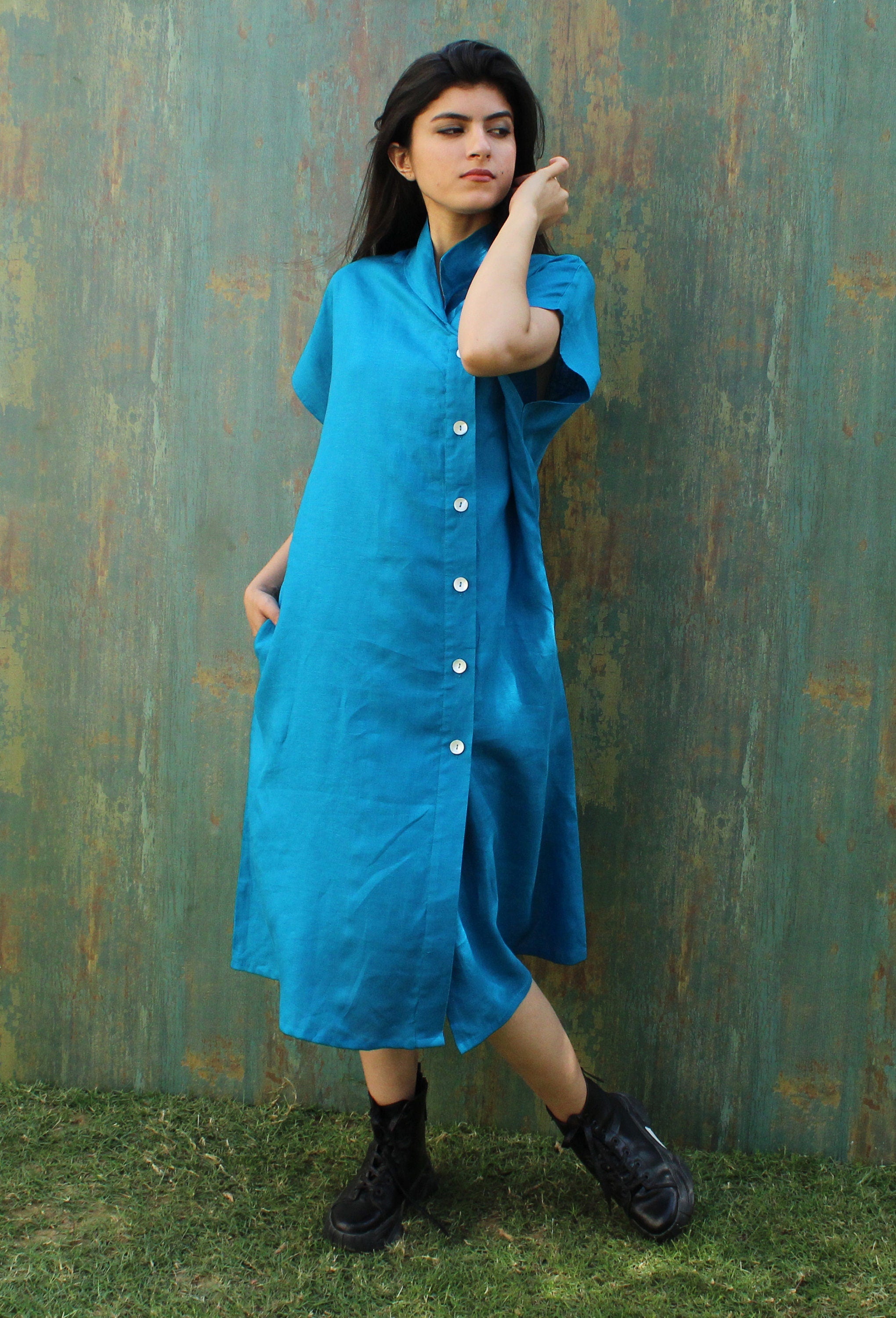Blue Linen Shirt Dress with Pockets, Drop Sleeve Linen Dress, Collared Dress, Party Dress, Side Button Down Minimalist Summer Clothing