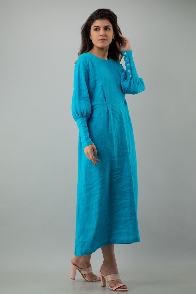 Blue Long Sleeve Linen Midi Dress, photo 2