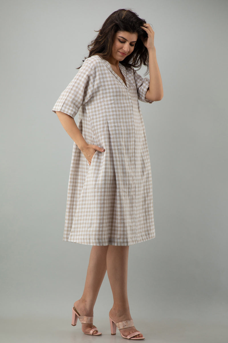 Checkered Linen Midi Dress: Beige Casual Sustainable Tunic