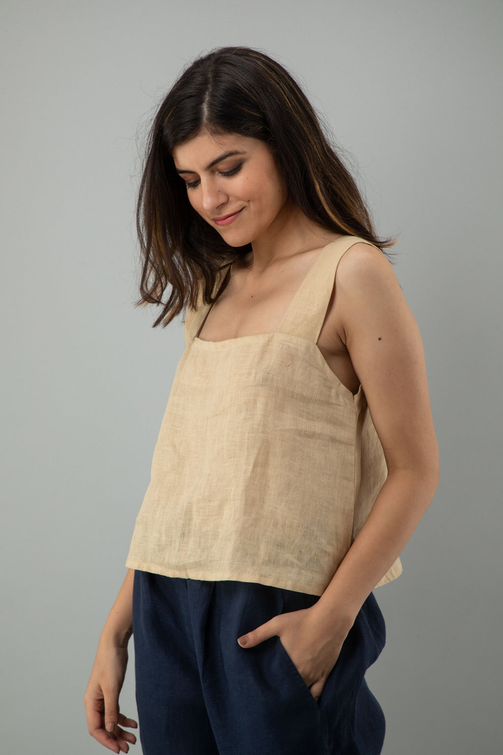 Beige Linen Crop Top: Sleeveless Square Neck Blouse, Linen Tank Top, Washed soft linen top, Women's shirt, Loose linen blouse