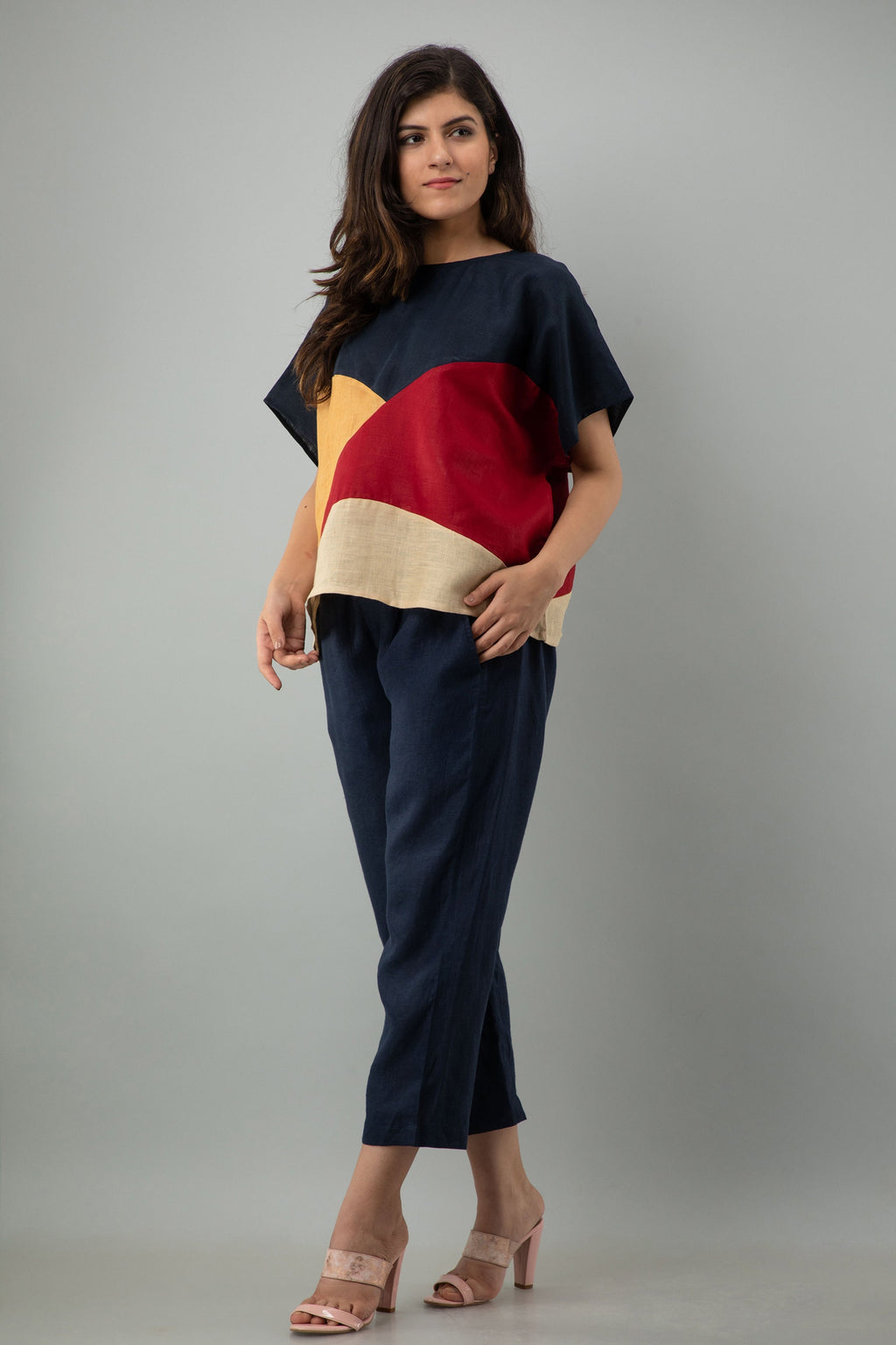 Colorblock Linen Top, Abstract Art Oversized Blouse for Women, Boho Square Fit Flax Shirt, Handmade Multicolor Summer Tops, Gift for Mom