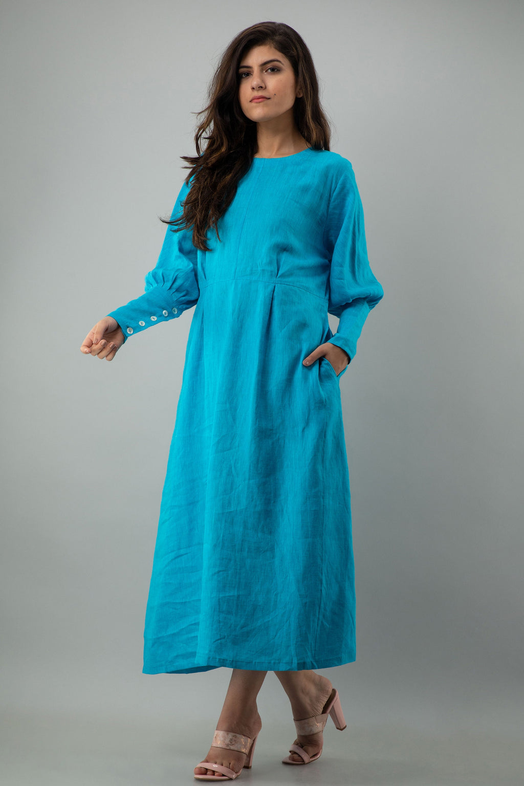 Blue Linen Midi Dress: Long Sleeve Back Button Oversized Dress with Pockets, Plus Size Clothing, Vintage Boho Long Sleeve Dress