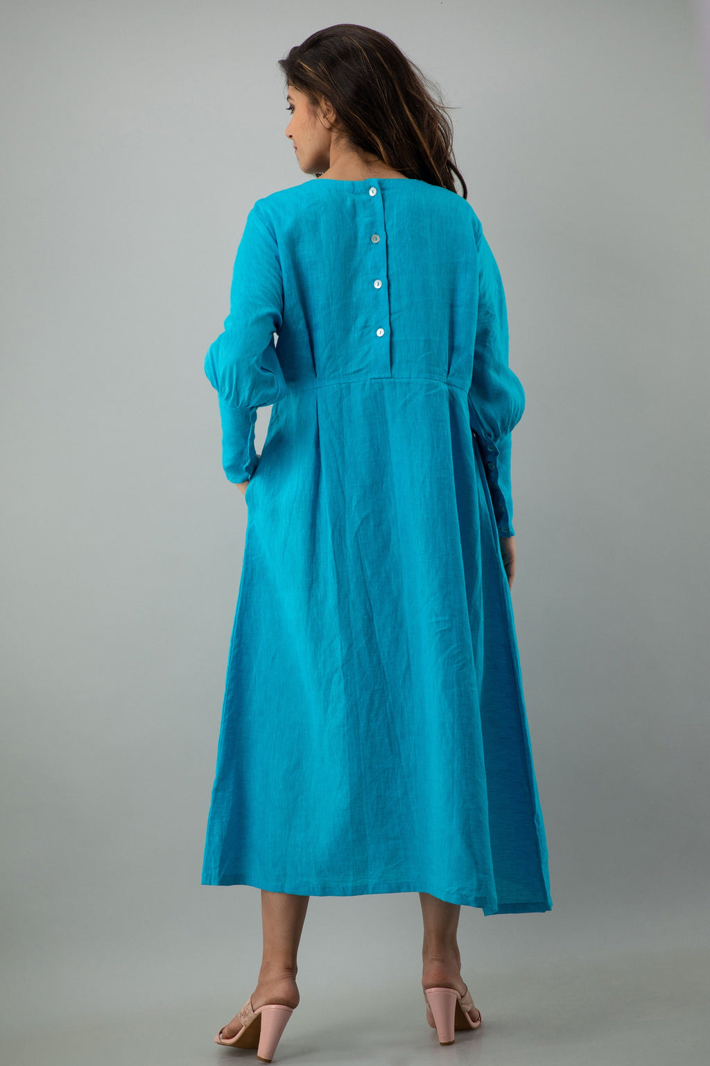 Blue Linen Midi Dress: Long Sleeve Back Button Oversized Dress with Pockets, Plus Size Clothing, Vintage Boho Long Sleeve Dress