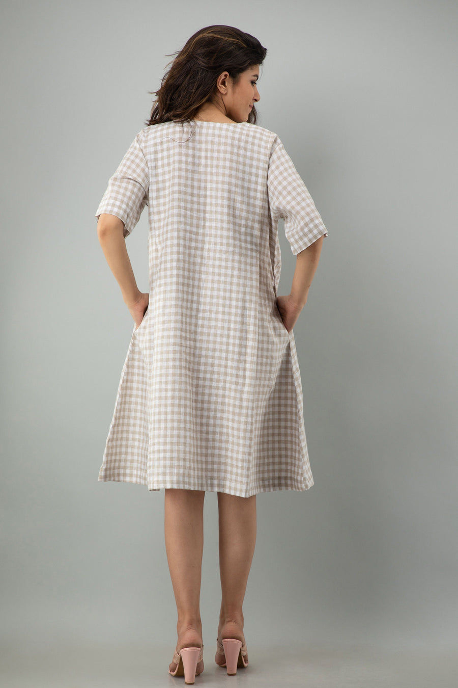 Checkered Linen Midi Dress: Beige Casual Sustainable Tunic