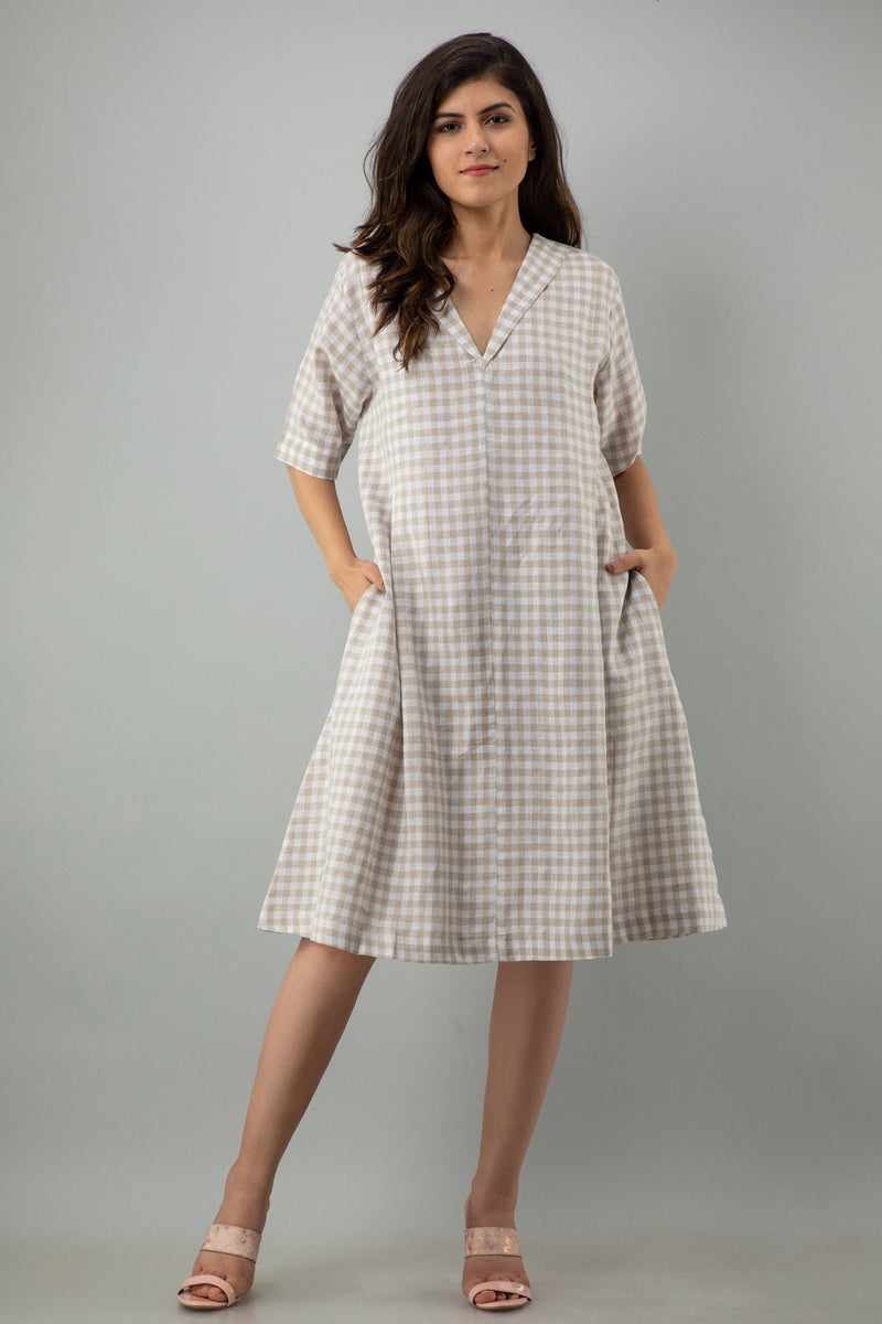 Checkered Linen Midi Dress: Beige Casual Sustainable Tunic